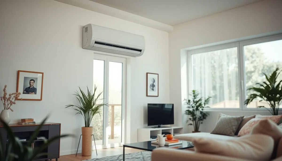 Unité intérieure de climatisation murale dans un salon lumineux et confortable