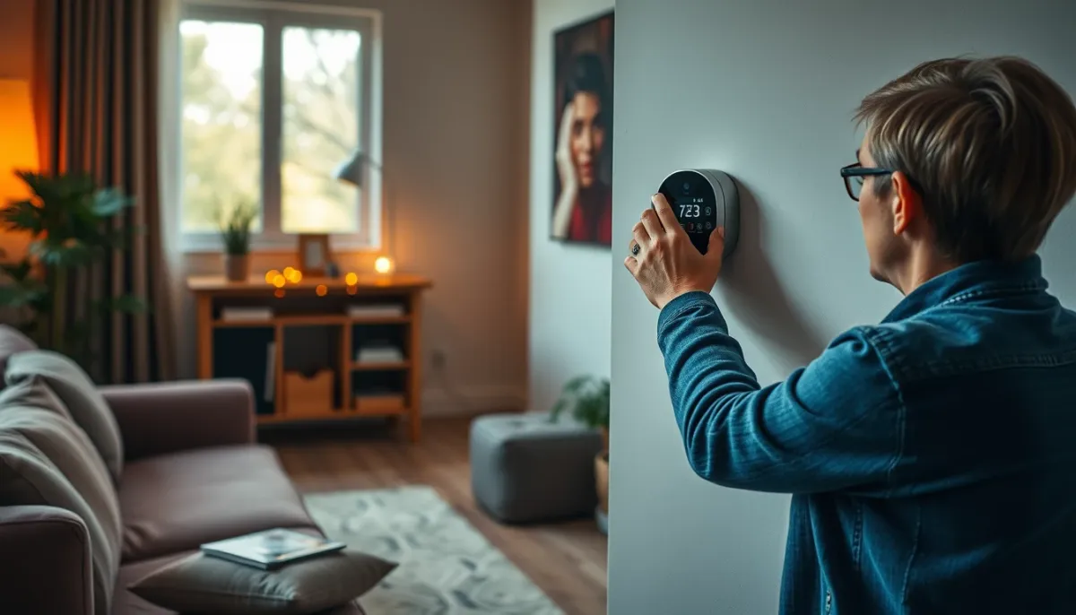 Propriétaire ajustant le thermostat intelligent d'une pompe à chaleur Hitachi Yutaki dans un salon